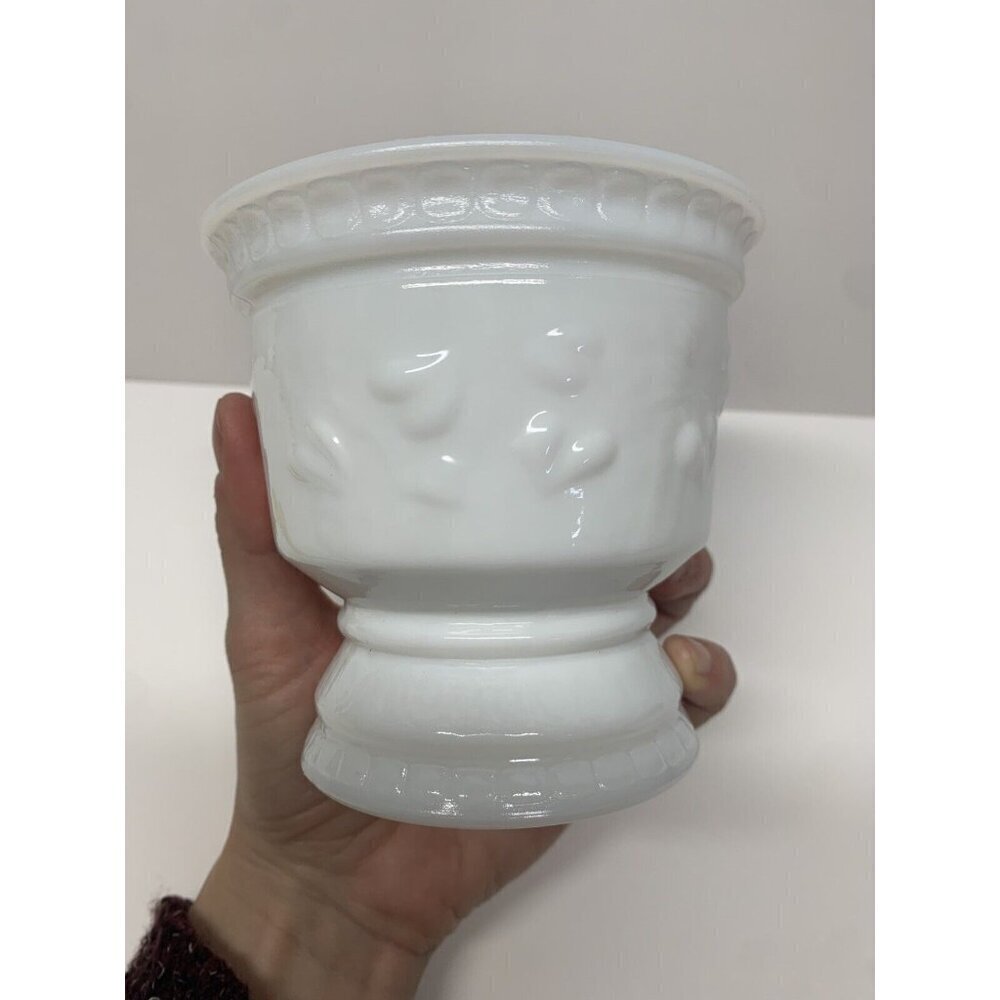 Vtg White Milk Glass Compote/Planter • Heart Ivy Detail • Blue‎ Opaline Trim 4"H